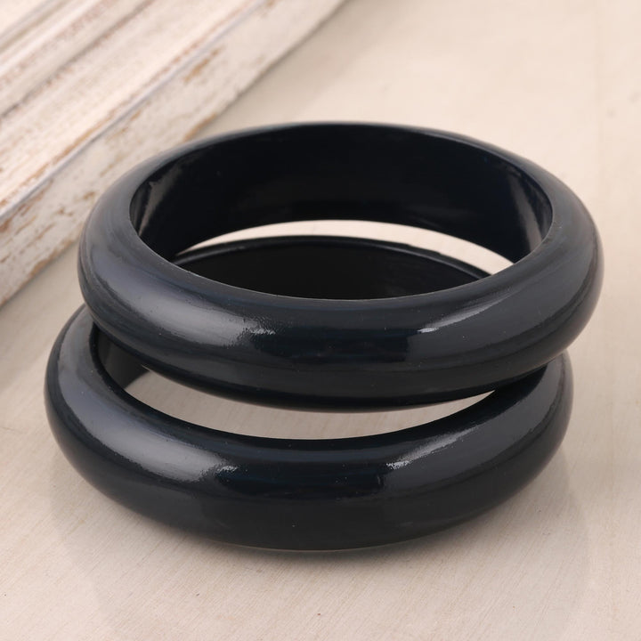 Haldu Wood Bangle Bracelets in Charcoal from India (Pair) - Charcoal Duo | NOVICA