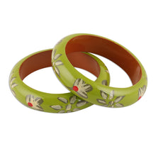 Load image into Gallery viewer, Floral Haldu Wood Bangle Bracelets in Lime from India (Pair) - Lime Bloom | NOVICA
