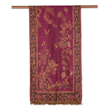 Load image into Gallery viewer, Floral Motif Jamawar-Style Wool Scarf in Azalea from India - Azalea Garden | NOVICA
