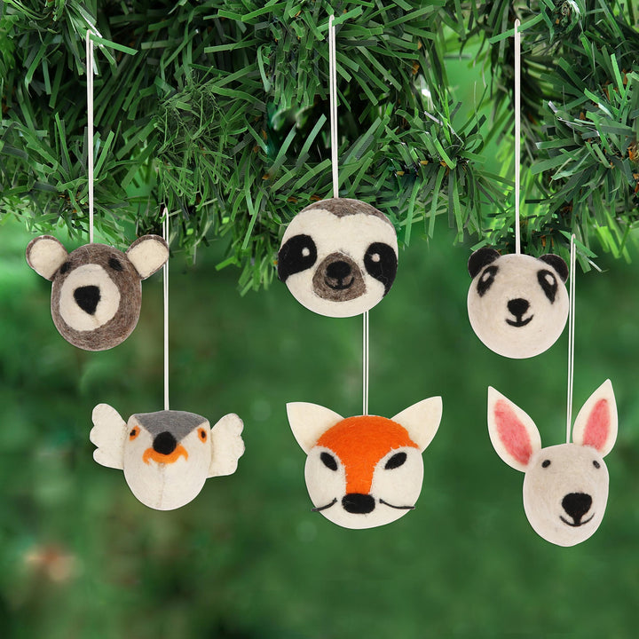 Hand Crafted Animal Face Wool Felt Ornaments - Set of 6 - Happy Animals