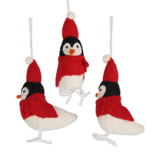 Load image into Gallery viewer, Set of 3 Wool Felt Penguin Ornaments - Bundle Up | NOVICA
