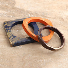 Load image into Gallery viewer, Set of 3 Mango Wood Bangle Bracelets in Vibrant Tones - Stylish Geometry | NOVICA

