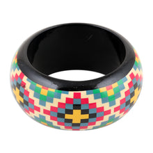 Load image into Gallery viewer, Haldu Wood Bangle Bracelet with Colorful Printed Pattern - Checkered Stars | NOVICA
