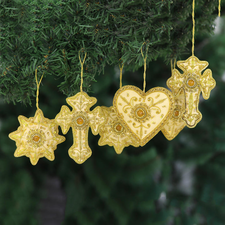 Gold Embroidered and Beaded Christmas Ornaments - Set of 6 - The Spirit of Christmas