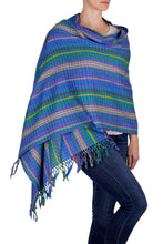 Load image into Gallery viewer, Hand Woven Cotton Shawl in Blues and Lilacs - Valley of Lavender | NOVICA

