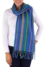 Load image into Gallery viewer, Hand Woven Cotton Scarf in Blues and Lilacs from Guatemala - Valley of Lavender | NOVICA
