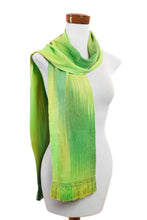 Load image into Gallery viewer, Light and Dark Green Hand Woven Rayon Scarf - Iridescent Green Pastels | NOVICA
