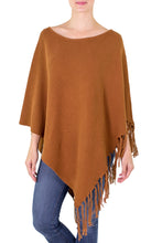 Load image into Gallery viewer, Gingerbread Color Cotton Poncho with Fringe - Spontaneous Style in Sepia | NOVICA
