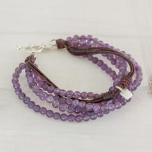 Load image into Gallery viewer, Amethyst Leather and Fine Silver Beaded Wristband Bracelet - Feminine Sweetness | NOVICA
