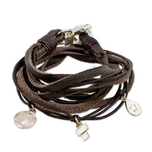 Load image into Gallery viewer, Leather Fine Silver Wrap Charm Bracelet from Guatemala - Stellar Imprint | NOVICA
