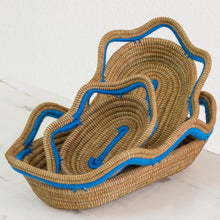 Load image into Gallery viewer, Set of 3 Handwoven Blue Accent Pine Needle Baskets - Wavy Ocean | NOVICA

