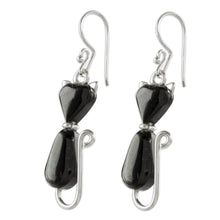 Load image into Gallery viewer, Jade Cat Dangle Earrings in Black from Guatemala - Cats of Love in Black | NOVICA
