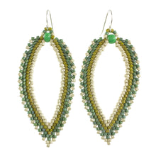 Load image into Gallery viewer, Green and Ivory Leaf-Shaped Beaded Dangle Earrings - River Leaf | NOVICA
