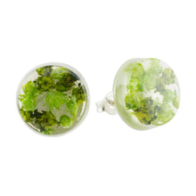 Load image into Gallery viewer, Green Flower in Clear Resin Button Earrings from Costa Rica - Eternal Bouquet in Green | NOVICA
