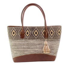 Load image into Gallery viewer, Natural Cotton and Black Diamond Motif Leather Accent Tote - Mayan Chic | NOVICA
