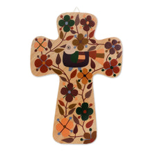 Load image into Gallery viewer, Bird and Floral Motif Pinewood Wall Cross in Brown - Nature of Love | NOVICA

