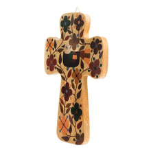 Load image into Gallery viewer, Bird and Floral Motif Pinewood Wall Cross in Brown - Nature of Love | NOVICA
