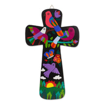 Load image into Gallery viewer, Pinewood Wall Cross with Neon Bird Motifs from El Salvador - Neon Nature | NOVICA
