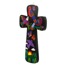 Load image into Gallery viewer, Pinewood Wall Cross with Neon Bird Motifs from El Salvador - Neon Nature | NOVICA
