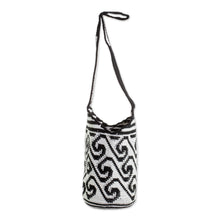 Load image into Gallery viewer, Wave Motif Cotton Bucket Bag in Black and White - Black and White Waves | NOVICA
