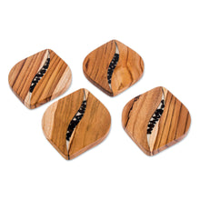Load image into Gallery viewer, Coffee-Themed Teak Wood Coasters from Costa Rica (Set of 4) - Coffee Morning | NOVICA
