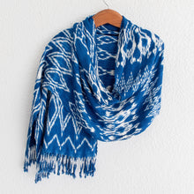 Load image into Gallery viewer, Handwoven Royal Blue Shibori Rayon Shawl from Guatemala - Royal Blue Silhouettes | NOVICA
