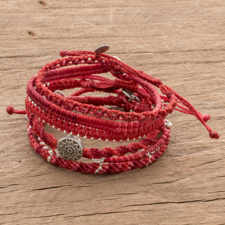 Glass Beaded Macrame Bracelets in Red (Set of 7) - Boho Histories in Red | NOVICA