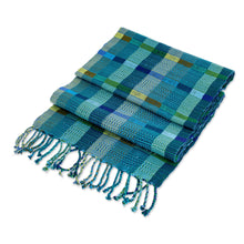 Load image into Gallery viewer, Hand Loomed Blue Cotton Scarf - Fresh Lagoon | NOVICA
