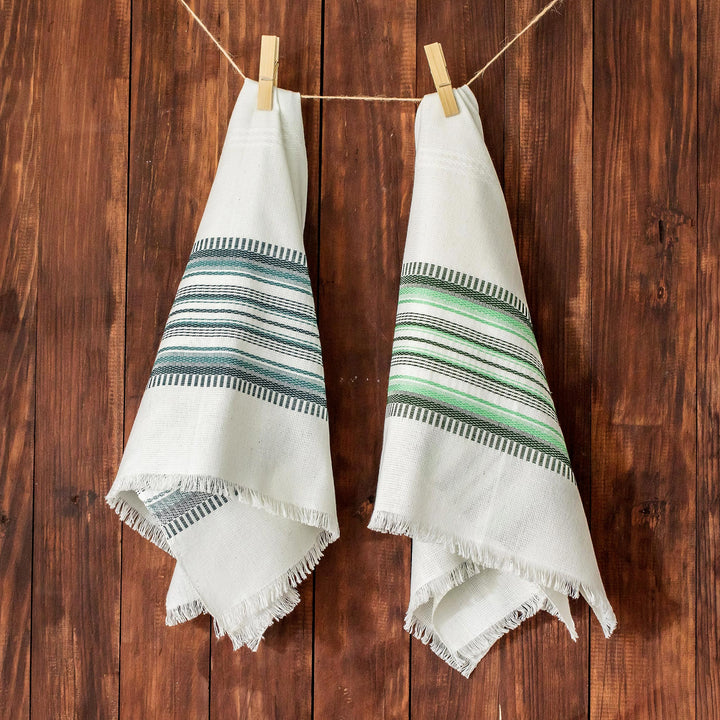Two Handwoven Guatemalan White and Green Cotton Dish Towels - Forest Colors | NOVICA