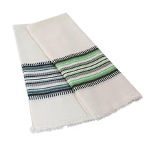 Load image into Gallery viewer, Two Handwoven Guatemalan White and Green Cotton Dish Towels - Forest Colors | NOVICA
