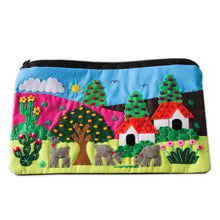 Load image into Gallery viewer, Cotton Applique Folk Art Cosmetic Bag - Country Scene | NOVICA
