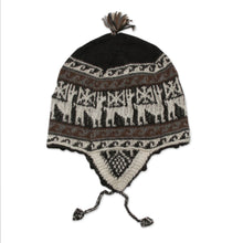 Load image into Gallery viewer, Black and White Alpaca Blend Chullo Hat - Llama Silhouette | NOVICA
