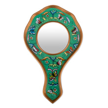 Load image into Gallery viewer, Reverse Painted Glass Aqua Floral Hand Mirror - Aqua Butterflies | NOVICA

