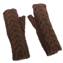 Load image into Gallery viewer, Andean Alpaca Blend Hand Knitted Brown Fingerless Gloves - Chocolate Braid | NOVICA
