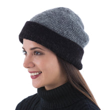 Load image into Gallery viewer, Reversible Grey and Black 100% Alpaca Hat Knitted by Hand - Shadows at Dusk | NOVICA

