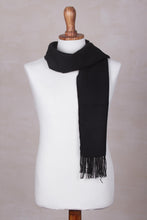 Load image into Gallery viewer, Woven Alpaca Blend Scarf for Men in Solid Black - Ebony Gift of Warmth | NOVICA
