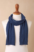Load image into Gallery viewer, Knitted Unisex Scarf in Azure 100% Alpaca from Peru - Antique Cable Knit | NOVICA
