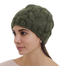 Load image into Gallery viewer, Hand Knit Olive Green 100% Alpaca Hat from Peru - Olive Braids | NOVICA
