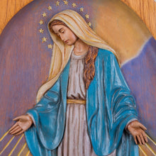 Load image into Gallery viewer, Cedar Wall Relief Panel of the Virgin Mary from Peru - Virgin of the Miraculous Medal | NOVICA
