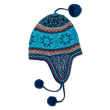Load image into Gallery viewer, Alpaca Chullo Hat in Azure and Smoke from Peru - Andean Snowfall | NOVICA
