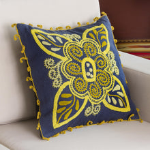 Load image into Gallery viewer, Wool Blend Floral Cushion Cover in Azure and Daffodil - Verdant Mystery | NOVICA
