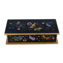 Load image into Gallery viewer, Reverse Painted Glass Butterfly Decorative Box in Black - Glorious Butterflies in Black | NOVICA
