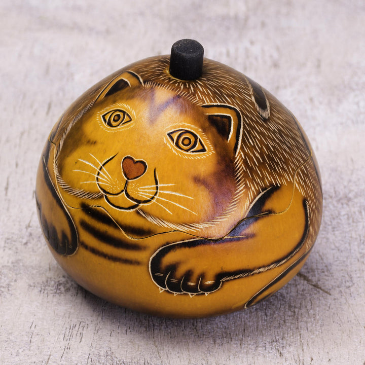 Andean Artisan Crafted Dried Mate Gourd Cat Jewelry Box - Andean Feline | NOVICA