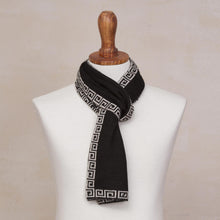 Load image into Gallery viewer, Reversible Ivory and Black Alpaca Blend Knit Scarf from Peru - Incan Inspiration | NOVICA
