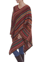 Load image into Gallery viewer, Red and Multi-Color Striped Acrylic Knit Poncho - Rivers of Red | NOVICA
