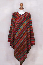 Load image into Gallery viewer, Red and Multi-Color Striped Acrylic Knit Poncho - Rivers of Red | NOVICA
