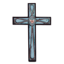 Load image into Gallery viewer, Bronze and Copper Wooden Wall Cross with Sacred Heart Motif - Divine Heart | NOVICA
