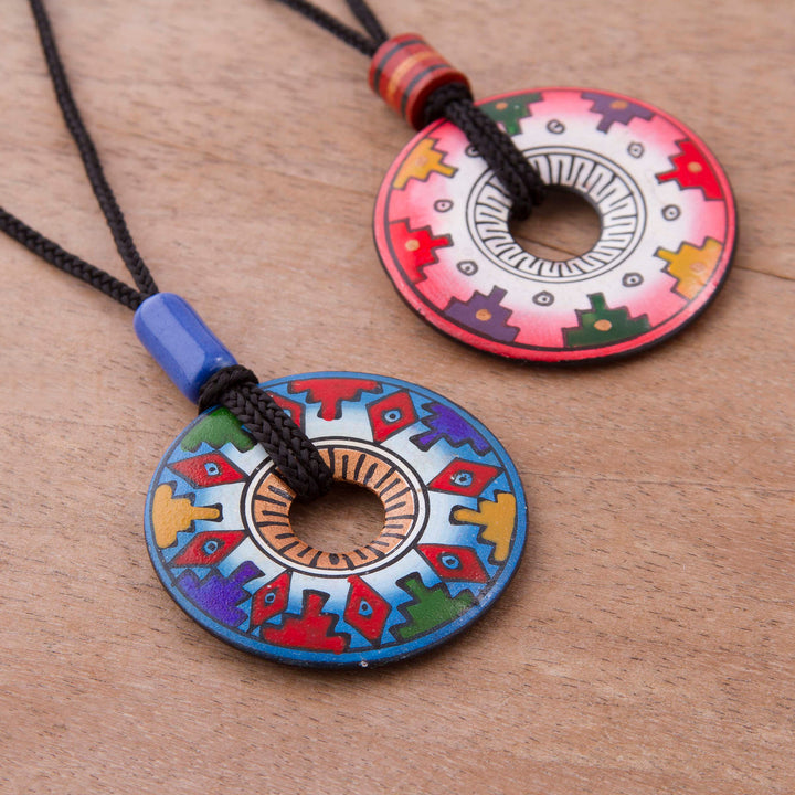 Hand Painted Pink and Blue Ceramic Pendant Necklaces (pair) - You and I | NOVICA