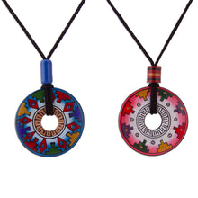 Load image into Gallery viewer, Hand Painted Pink and Blue Ceramic Pendant Necklaces (pair) - You and I | NOVICA
