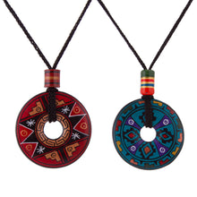 Load image into Gallery viewer, Pair of Red and Blue Ceramic Pendant Necklaces from Peru - Sun and Rain | NOVICA
